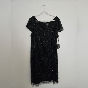 Adrianna Papell Black Sequin short sleeve rouched  waist dress NWT | Size 20
